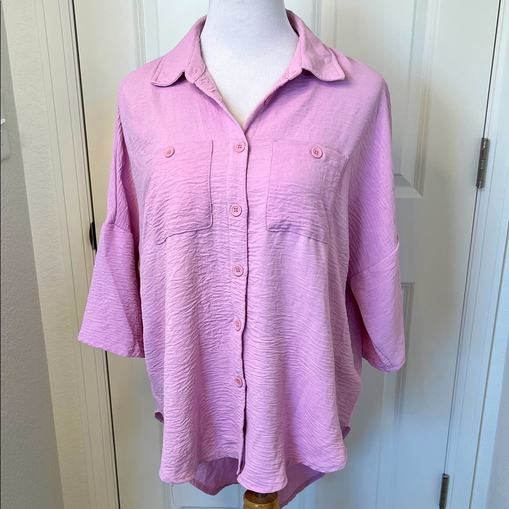 LuLaRoe Goldie Pink Button Up High Low Tunic Top Medium